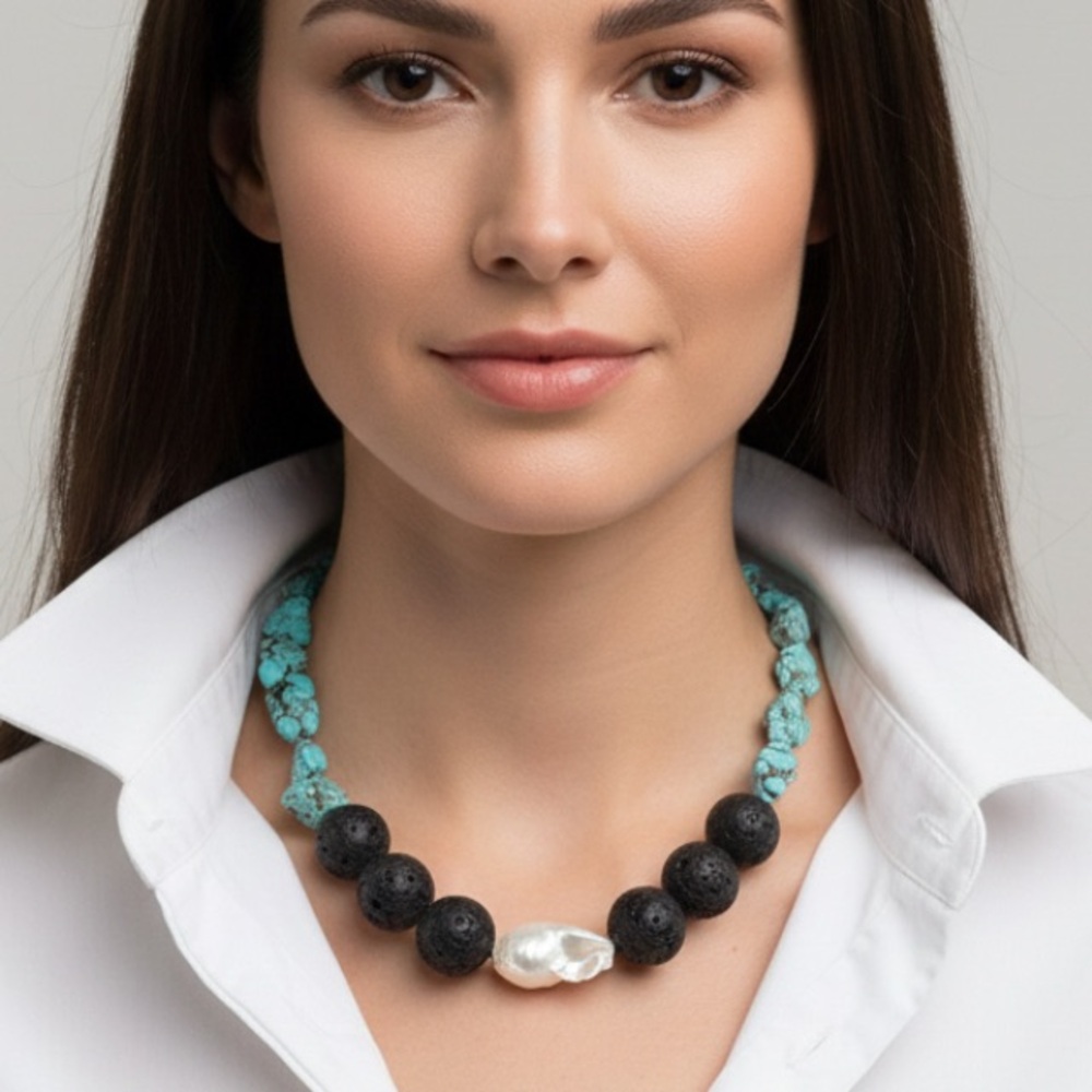 Freshwater Pearl,Turquoise, Black Lava, Large Baroque  Chunky Statement Necklace